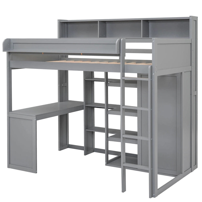 Lit mezzanine en bois pour enfant avec bureau, armoire, étagères et placards de rangement