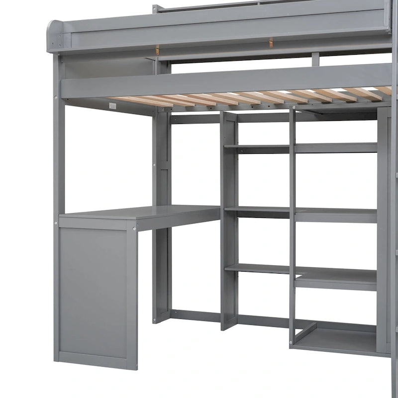 Lit mezzanine en bois pour enfant avec bureau, armoire, étagères et placards de rangement