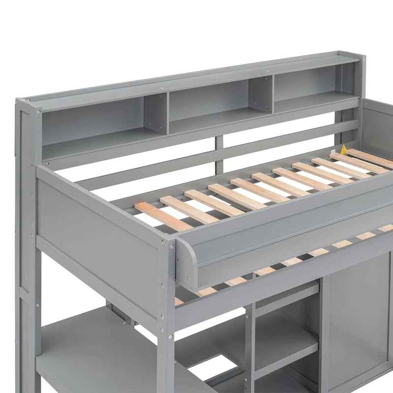 Lit mezzanine en bois pour enfant avec bureau, armoire, étagères et placards de rangement