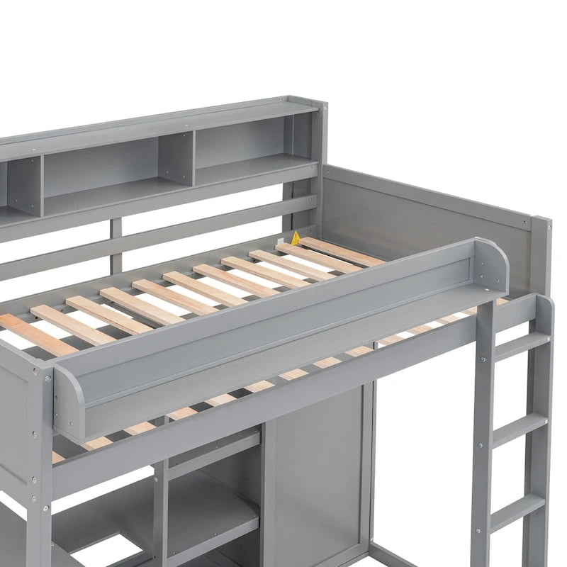 Lit mezzanine en bois pour enfant avec bureau, armoire, étagères et placards de rangement