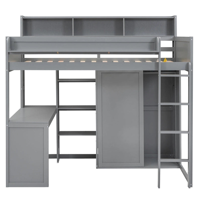 Lit mezzanine en bois pour enfant avec bureau, armoire, étagères et placards de rangement