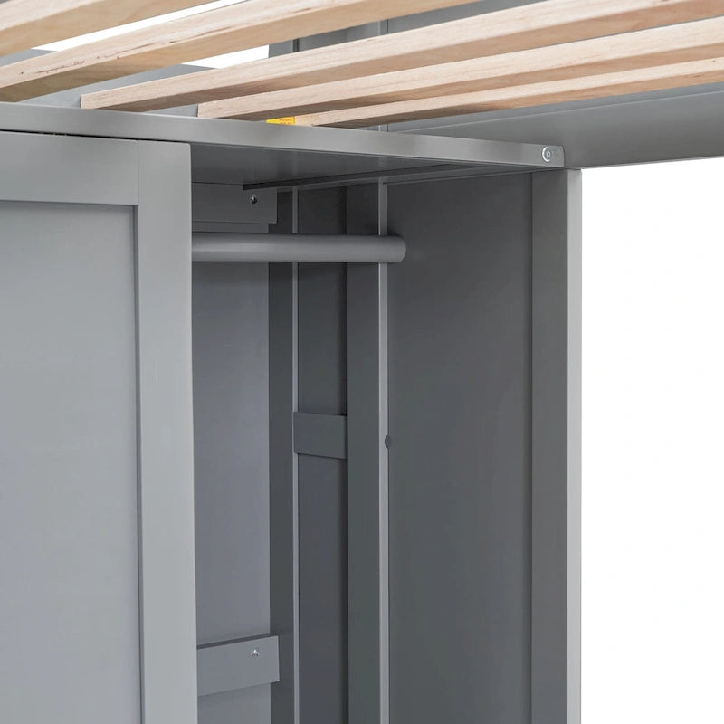 Lit mezzanine en bois pour enfant avec bureau, armoire, étagères et placards de rangement
