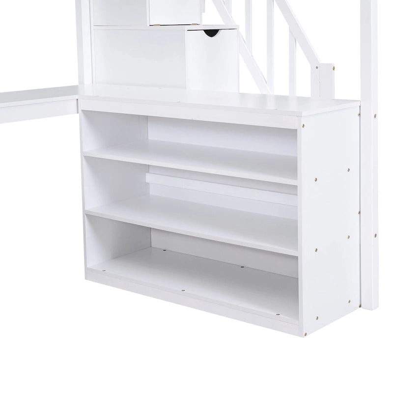 Lit mezzanine en bois pleine grandeur avec bureau en L, escalier de rangement et étagères