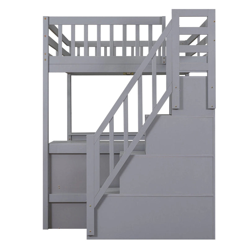 Lit mezzanine en bois pleine grandeur avec bureau en L, escalier de rangement et étagères