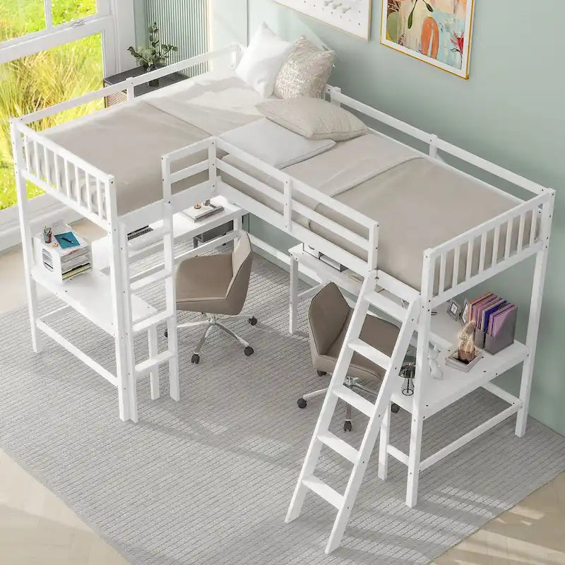 Lit mezzanine en L avec échelle et deux bureaux intégrés