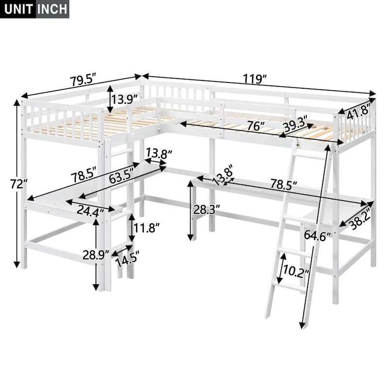 Lit mezzanine en L avec échelle et deux bureaux intégrés