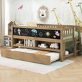 Twin Size Wood Low Loft Bed with Storage Shelves, Blackboard and Trundle, White