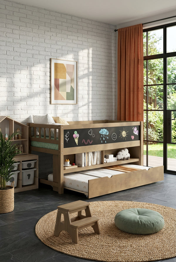 Twin Size Wood Low Loft Bed with Storage Shelves, Blackboard and Trundle, White