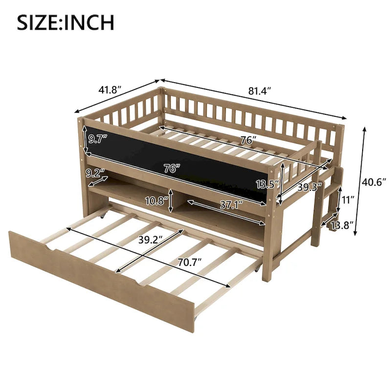 Lit double mezzanine bas avec étagères de rangement, tableau noir et lit gigogne
