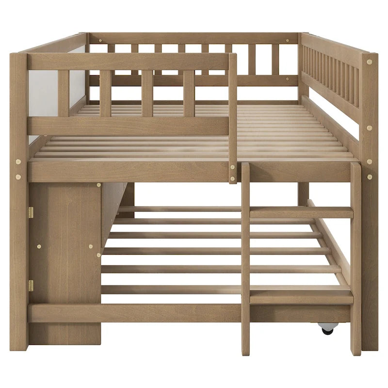 Lit double mezzanine bas avec étagères de rangement, tableau noir et lit gigogne