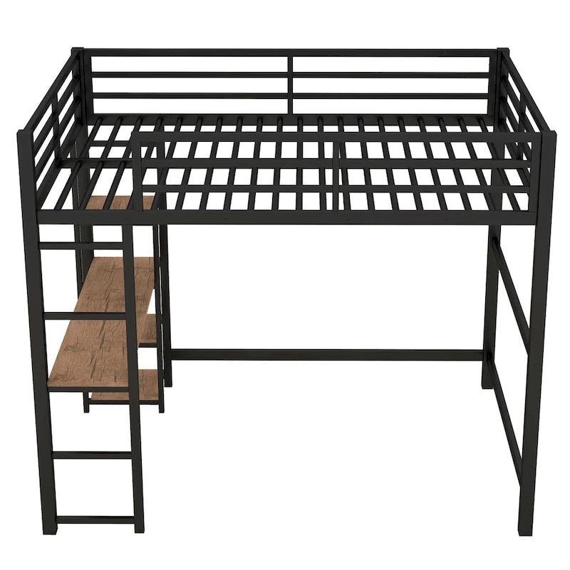 Lit mezzanine métallique grand format avec bureau et étagères de rangement