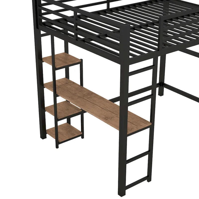 Lit mezzanine métallique grand format avec bureau et étagères de rangement