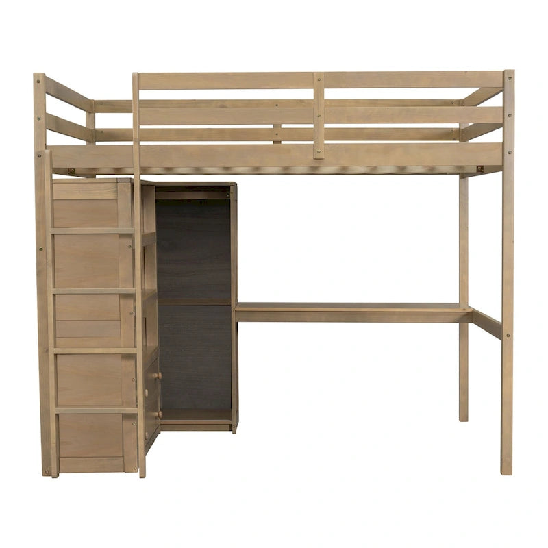Lit mezzanine en bois pleine grandeur avec armoire intégrée, bureau, étagères et tiroirs