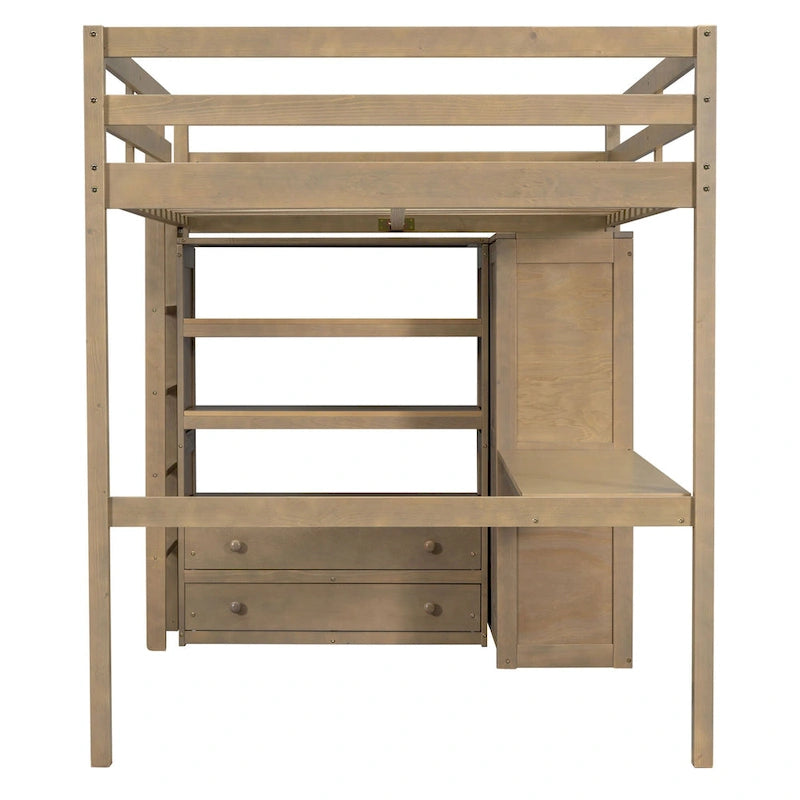 Lit mezzanine en bois pleine grandeur avec armoire intégrée, bureau, étagères et tiroirs