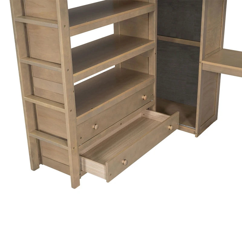 Lit mezzanine en bois pleine grandeur avec armoire intégrée, bureau, étagères et tiroirs