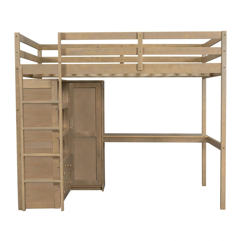 Lit mezzanine en bois pleine grandeur avec armoire intégrée, bureau, étagères et tiroirs