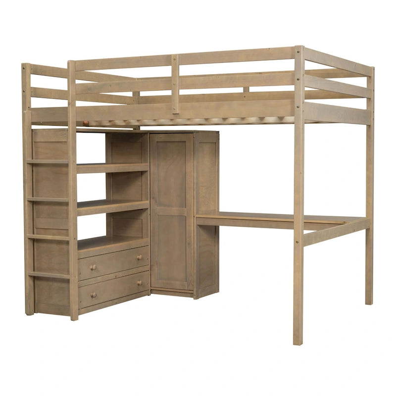 Lit mezzanine en bois pleine grandeur avec armoire intégrée, bureau, étagères et tiroirs