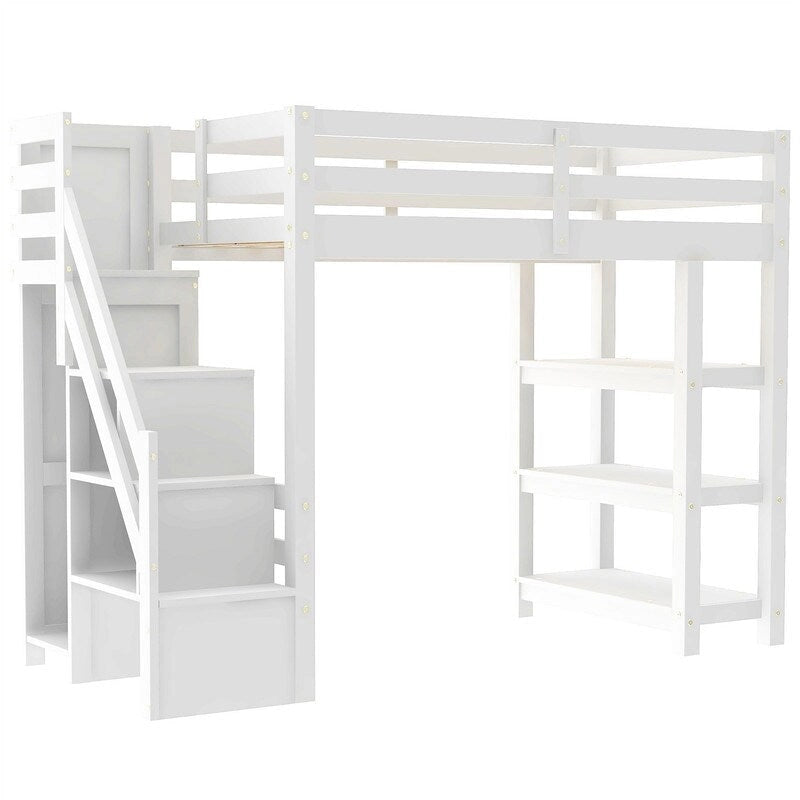 Lit mezzanine double/grand avec petite armoire, éclairage LED et escalier de rangement, cadre de lit mezzanine en bois avec étagères de rangement pour enfants