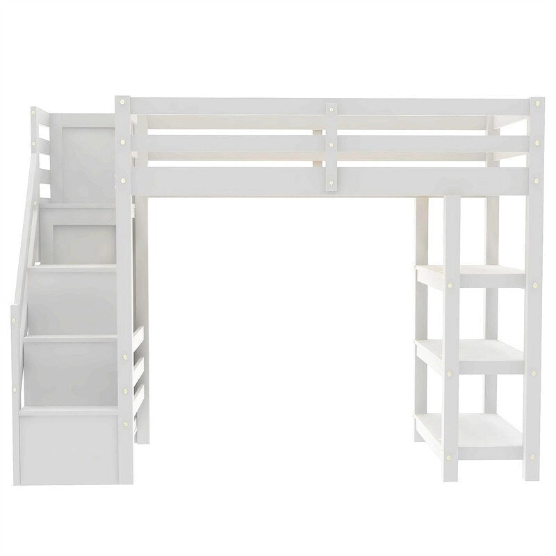 Lit mezzanine double/grand avec petite armoire, éclairage LED et escalier de rangement, cadre de lit mezzanine en bois avec étagères de rangement pour enfants