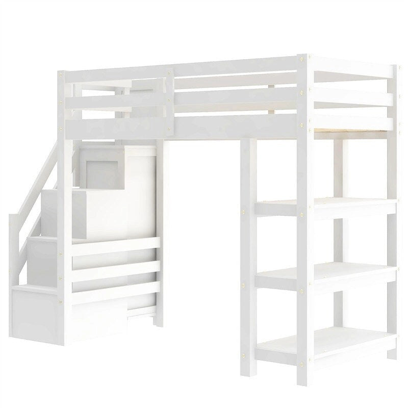 Lit mezzanine double/grand avec petite armoire, éclairage LED et escalier de rangement, cadre de lit mezzanine en bois avec étagères de rangement pour enfants