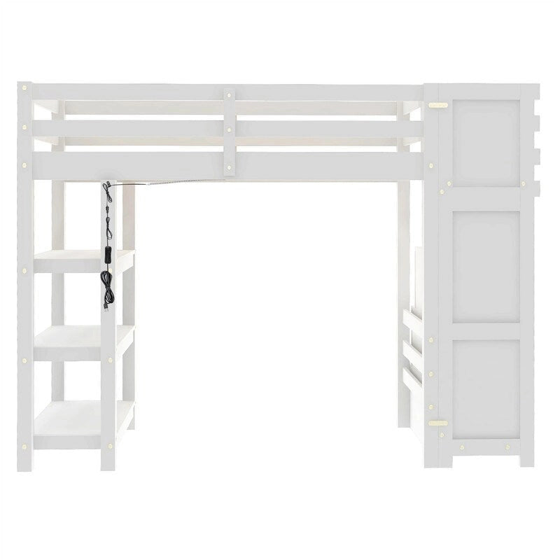 Lit mezzanine double/grand avec petite armoire, éclairage LED et escalier de rangement, cadre de lit mezzanine en bois avec étagères de rangement pour enfants