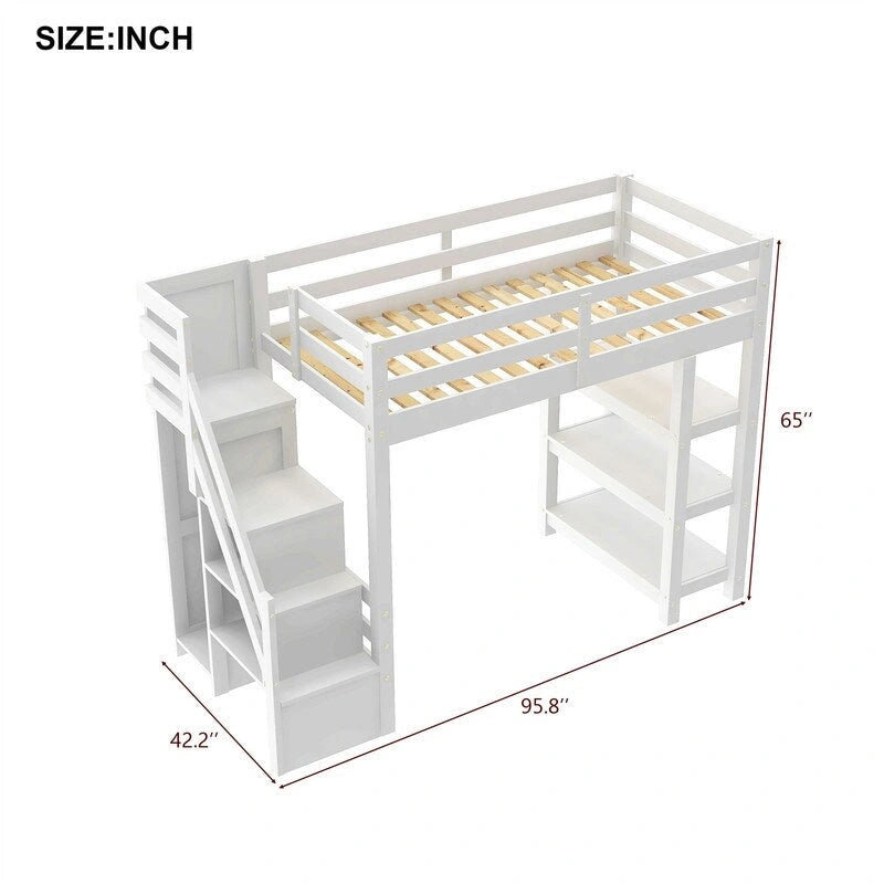 Lit mezzanine double/grand avec petite armoire, éclairage LED et escalier de rangement, cadre de lit mezzanine en bois avec étagères de rangement pour enfants