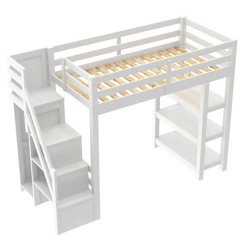 Lit mezzanine double/grand avec petite armoire, éclairage LED et escalier de rangement, cadre de lit mezzanine en bois avec étagères de rangement pour enfants