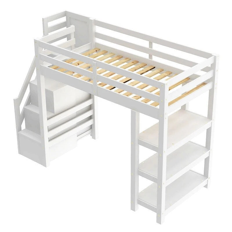 Lit mezzanine double/grand avec petite armoire, éclairage LED et escalier de rangement, cadre de lit mezzanine en bois avec étagères de rangement pour enfants