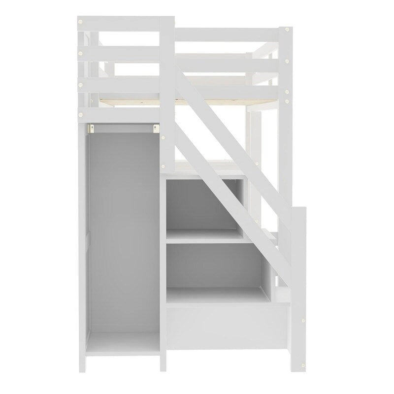 Lit mezzanine double/grand avec petite armoire, éclairage LED et escalier de rangement, cadre de lit mezzanine en bois avec étagères de rangement pour enfants