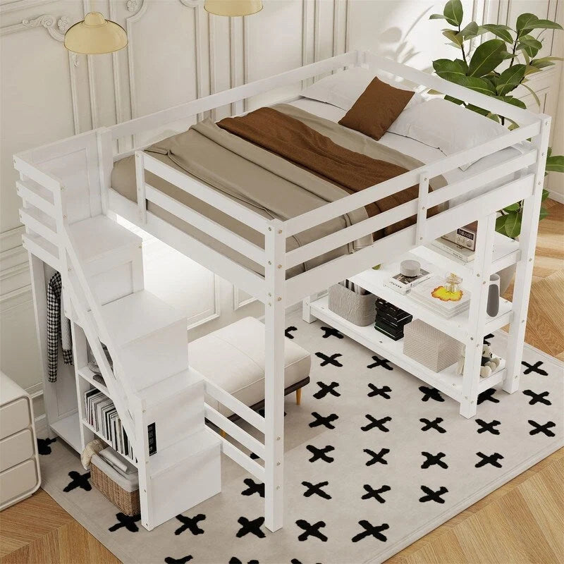 Lit mezzanine double/grand avec petite armoire, éclairage LED et escalier de rangement, cadre de lit mezzanine en bois avec étagères de rangement pour enfants
