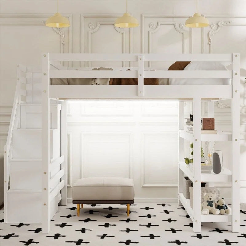 Lit mezzanine double/grand avec petite armoire, éclairage LED et escalier de rangement, cadre de lit mezzanine en bois avec étagères de rangement pour enfants