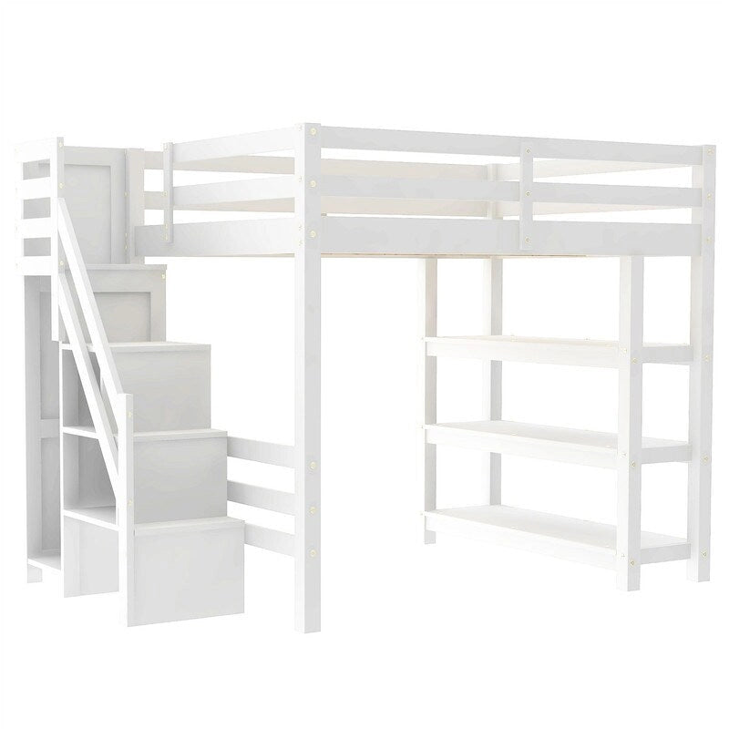 Lit mezzanine double/grand avec petite armoire, éclairage LED et escalier de rangement, cadre de lit mezzanine en bois avec étagères de rangement pour enfants