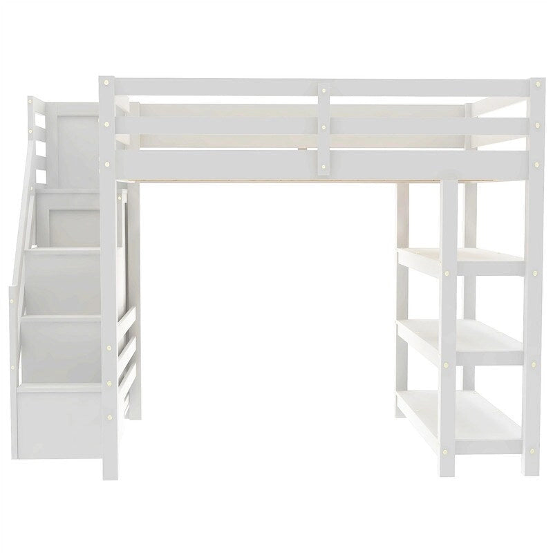 Lit mezzanine double/grand avec petite armoire, éclairage LED et escalier de rangement, cadre de lit mezzanine en bois avec étagères de rangement pour enfants