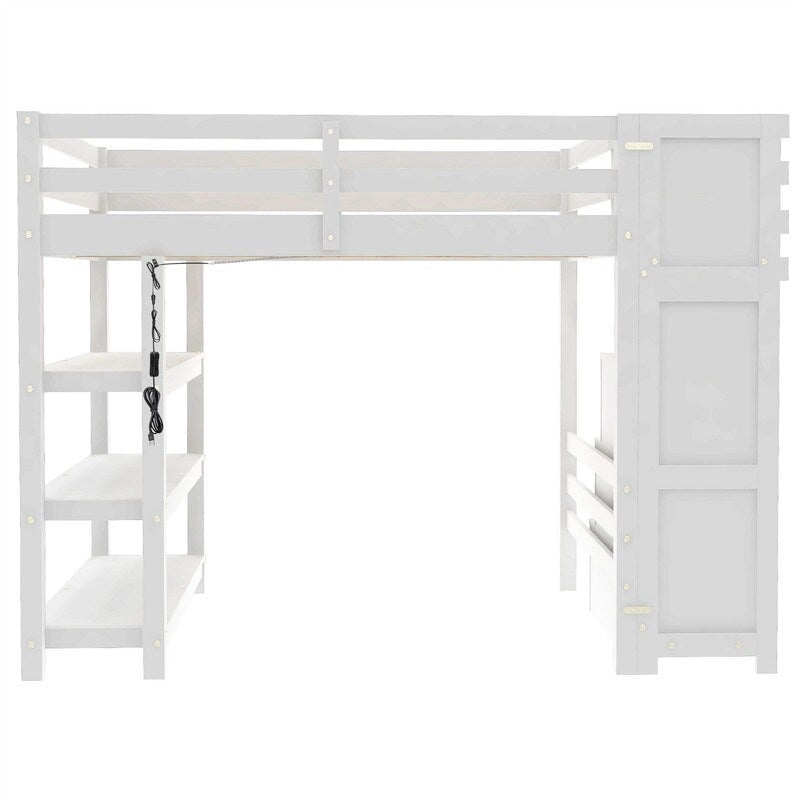 Lit mezzanine double/grand avec petite armoire, éclairage LED et escalier de rangement, cadre de lit mezzanine en bois avec étagères de rangement pour enfants