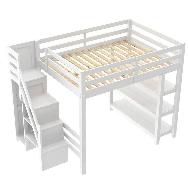 Lit mezzanine double/grand avec petite armoire, éclairage LED et escalier de rangement, cadre de lit mezzanine en bois avec étagères de rangement pour enfants