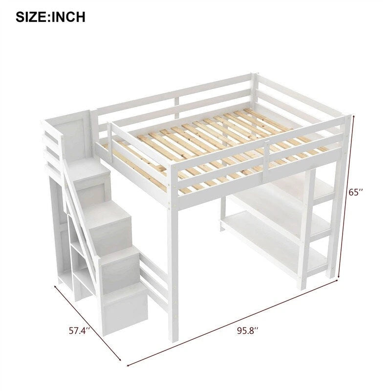 Lit mezzanine double/grand avec petite armoire, éclairage LED et escalier de rangement, cadre de lit mezzanine en bois avec étagères de rangement pour enfants