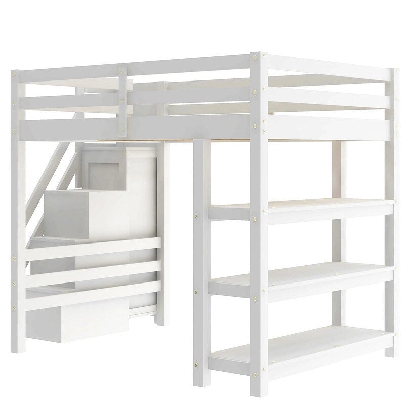 Lit mezzanine double/grand avec petite armoire, éclairage LED et escalier de rangement, cadre de lit mezzanine en bois avec étagères de rangement pour enfants