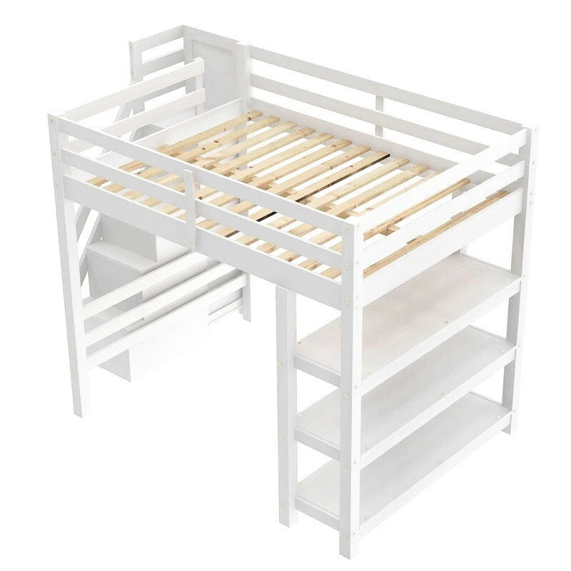 Lit mezzanine double/grand avec petite armoire, éclairage LED et escalier de rangement, cadre de lit mezzanine en bois avec étagères de rangement pour enfants