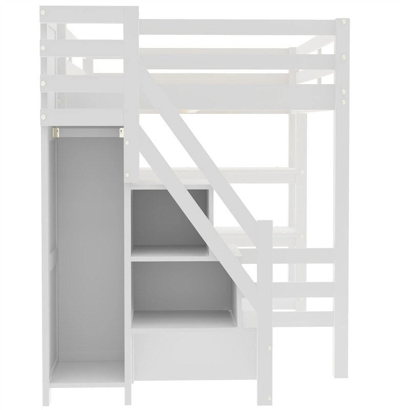 Lit mezzanine double/grand avec petite armoire, éclairage LED et escalier de rangement, cadre de lit mezzanine en bois avec étagères de rangement pour enfants