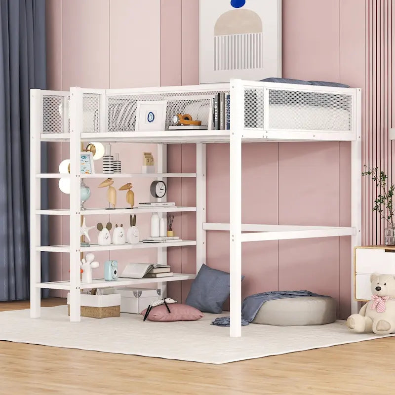 Lit mezzanine en métal pour lits jumeaux avec étagères à 4 niveaux et rangement de chevet