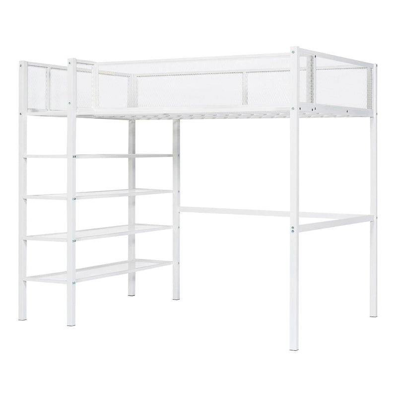 Lit mezzanine en métal pour lits jumeaux avec étagères à 4 niveaux et rangement de chevet