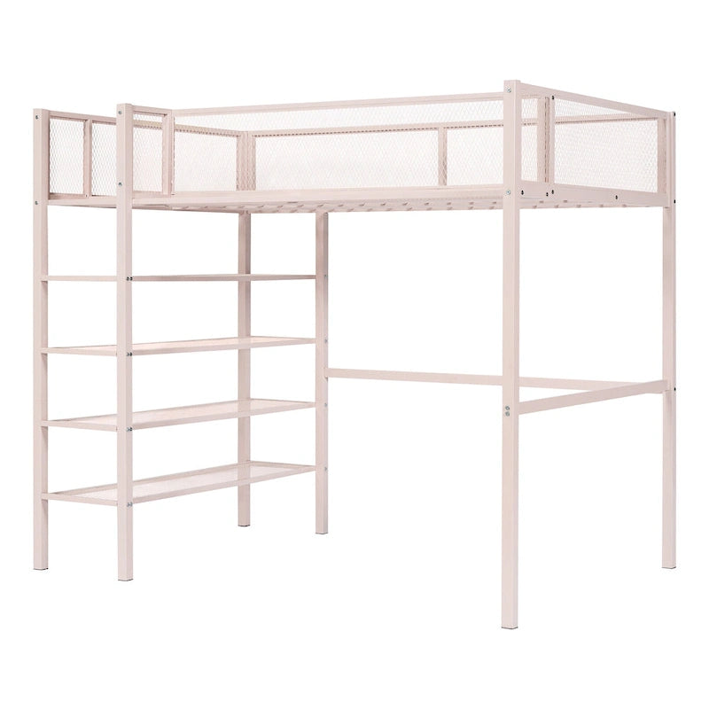 Lit mezzanine en métal pour lits jumeaux avec étagères à 4 niveaux et rangement de chevet