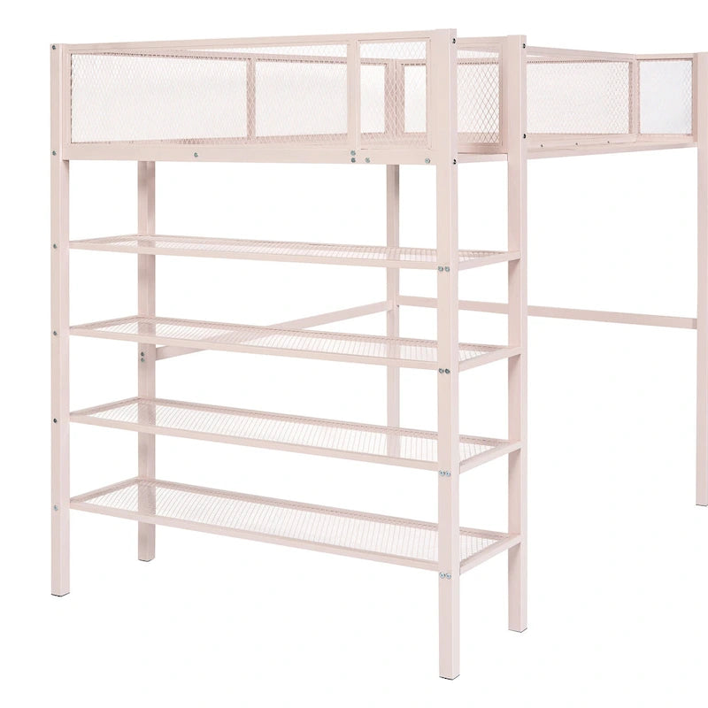Lit mezzanine en métal pour lits jumeaux avec étagères à 4 niveaux et rangement de chevet