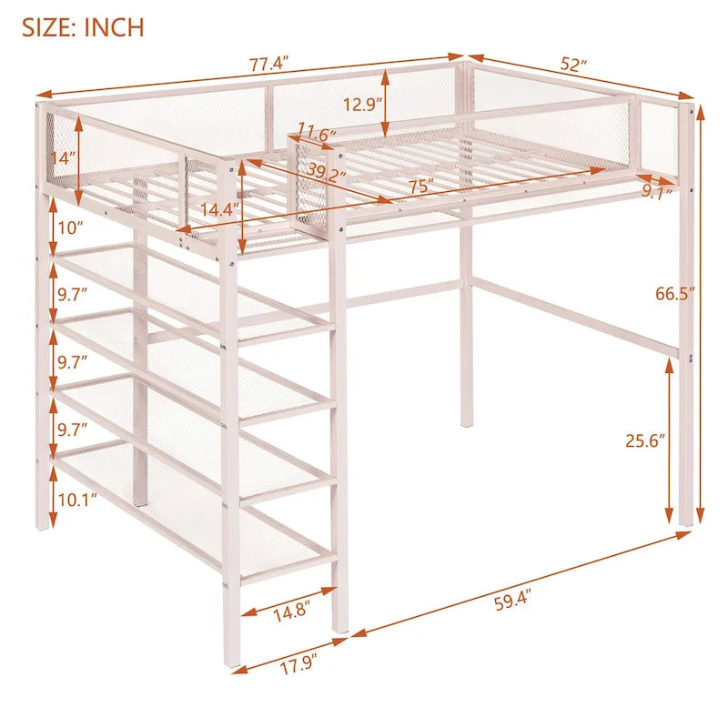 Lit mezzanine en métal pour lits jumeaux avec étagères à 4 niveaux et rangement de chevet