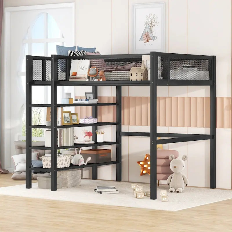 Lit mezzanine en métal pour lits jumeaux avec étagères à 4 niveaux et rangement de chevet