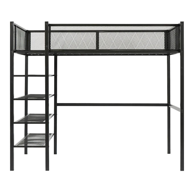 Lit mezzanine en métal pour lits jumeaux avec étagères à 4 niveaux et rangement de chevet