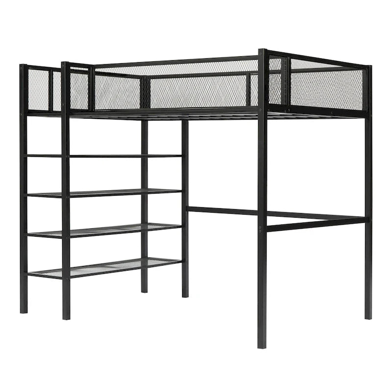 Lit mezzanine en métal pour lits jumeaux avec étagères à 4 niveaux et rangement de chevet