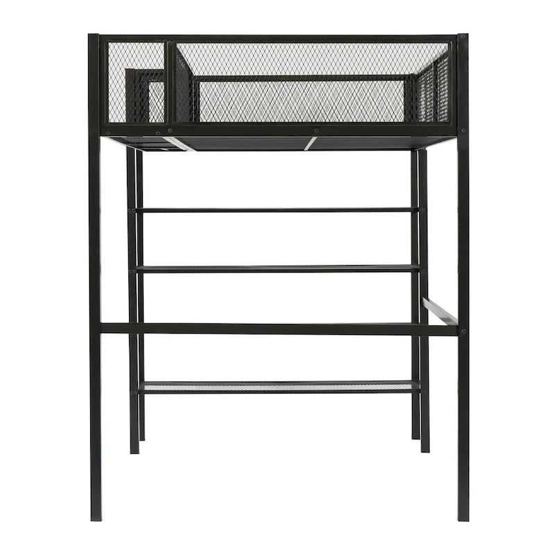 Lit mezzanine en métal pour lits jumeaux avec étagères à 4 niveaux et rangement de chevet