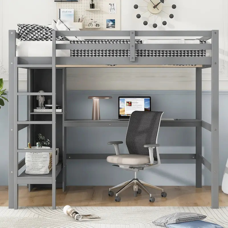 Lit mezzanine haut en pin, taille standard, avec bureau intégré, étagères de rangement, échelle et barrières de sécurité intégrales