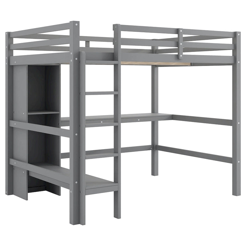 Lit mezzanine haut en pin, taille standard, avec bureau intégré, étagères de rangement, échelle et barrières de sécurité intégrales